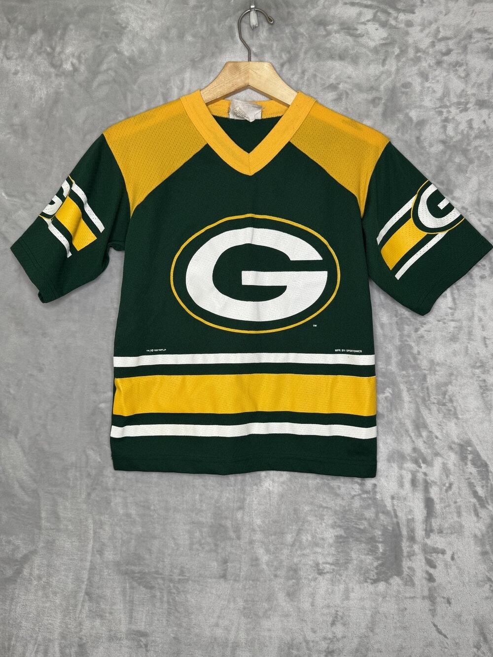 Vtg Green Bay Packers Shirt Boys L Green Yellow NFL Football Sportonics 90s